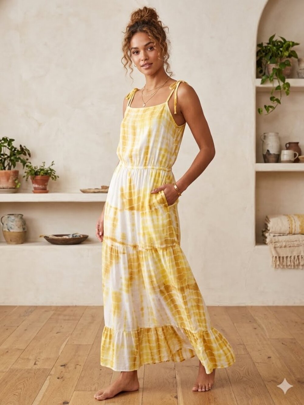 NWT Young USA Yellow Tie-Dye Maxi Dress L